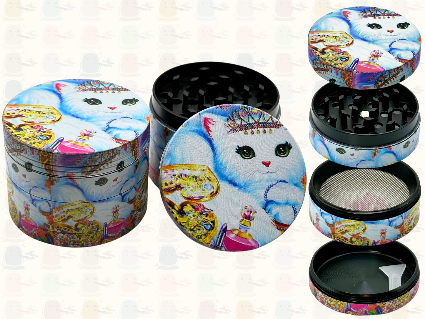 Chaton mignon entouré de bijoux style art rose – 50 mm, 4 pièces, broyeur d'herbes en métal de haute qualité, cadeau 