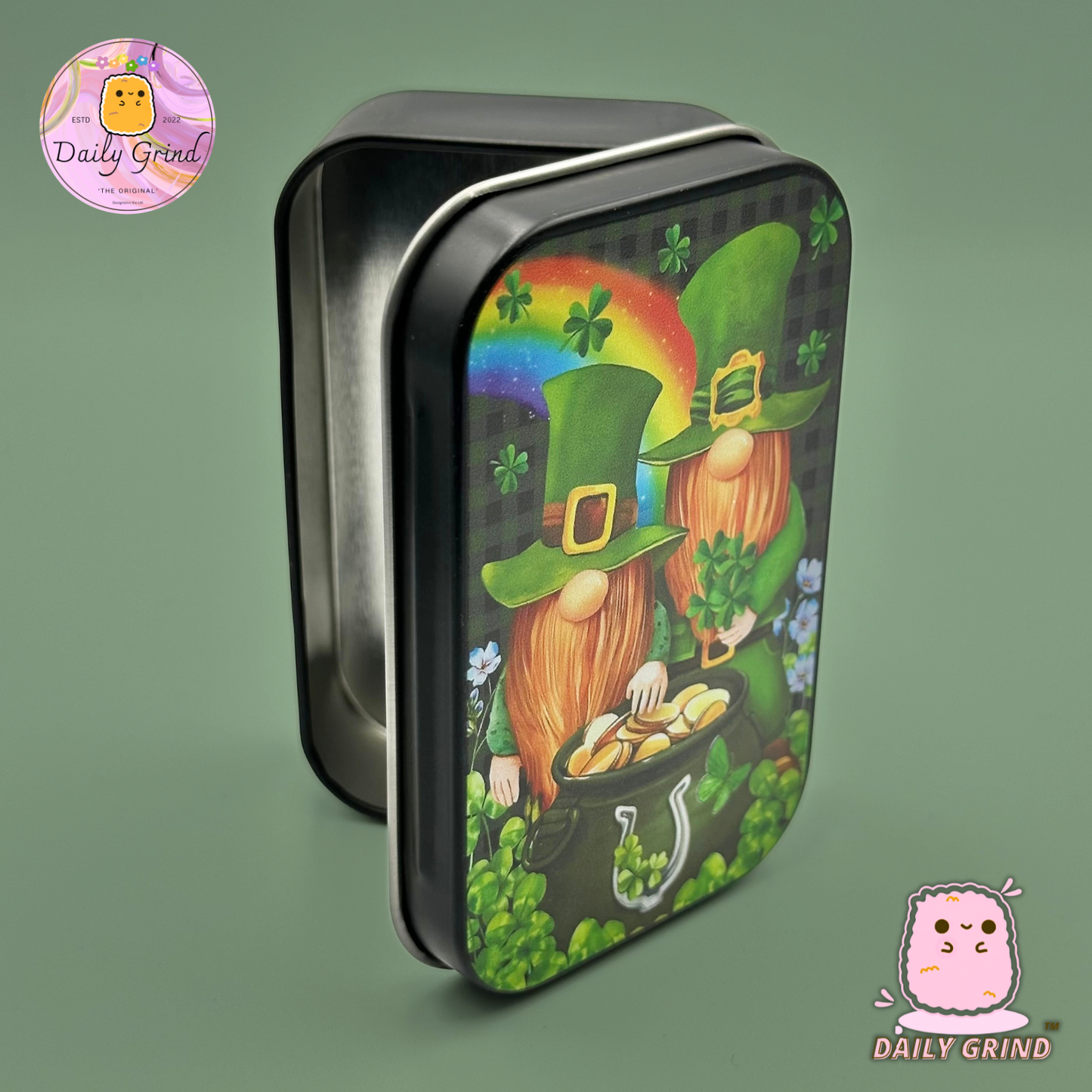 Cute Lucky Leprechaun - 1oz Black / Crystal / Jewellery / Coins / Bits & Pieces / Hide / Money / Make-Up 1oz Black Hinge Lid Tin Box Gift - 9.5 x 6.2 x 2 cm - Cute Funny Metal Organiser Gift Idea