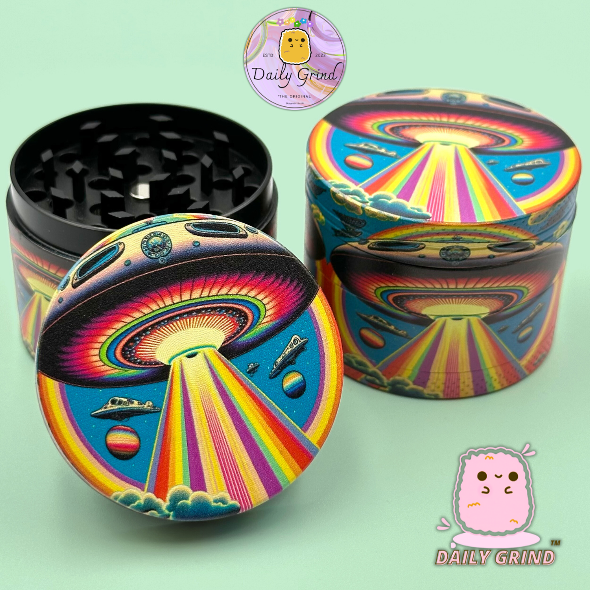 UFO Alien Ship Colourful - 50mm 4-Piece High Quality Custom Metal Tobacco Herb Grinder Gift Idea