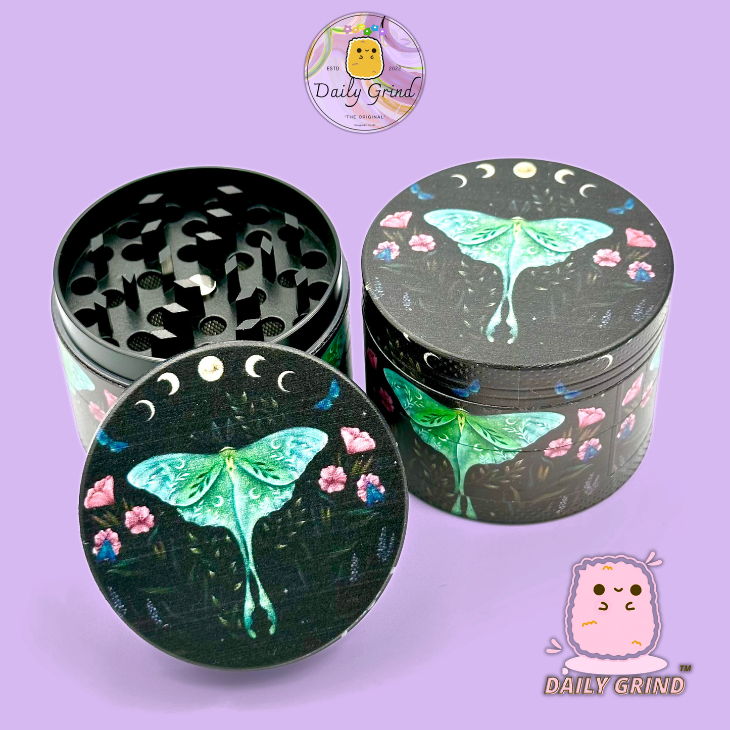 Lunar Moon Cycle Moth Dark Night - 50mm 4-Piece High Quality Metal Tobacco Herb Grinder Gift Idea