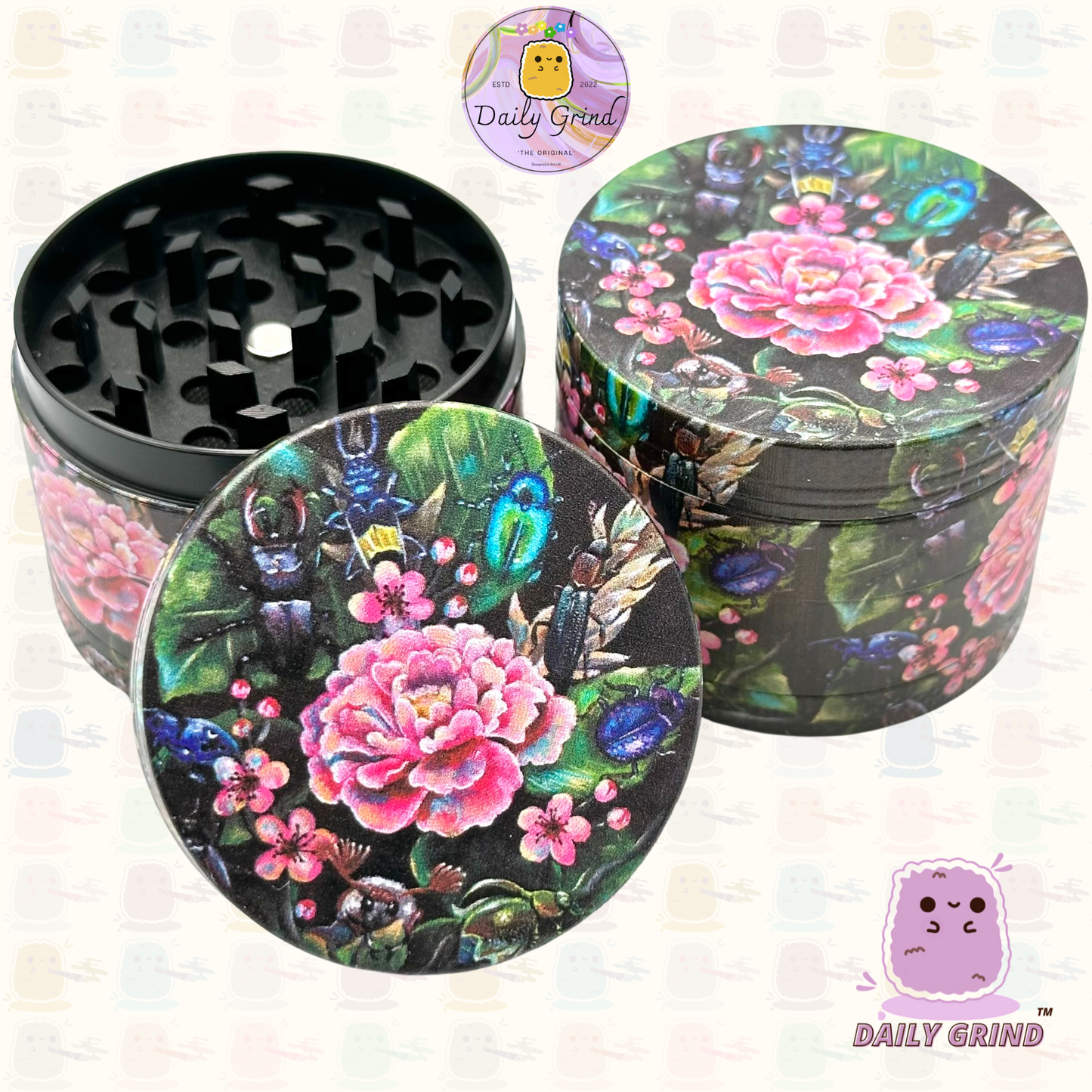 Cute Flowers and Rose - 50mm 4-Piece Premium Custom Metal Tobacco Herb Grinder Cute Gift Idea