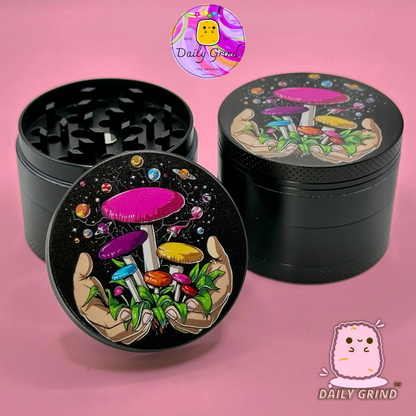 Setas forrajeras Hongos Manos Myco Design - 50 mm 4 piezas Regalo de molinillo de hierbas de metal personalizado de alta calidad 