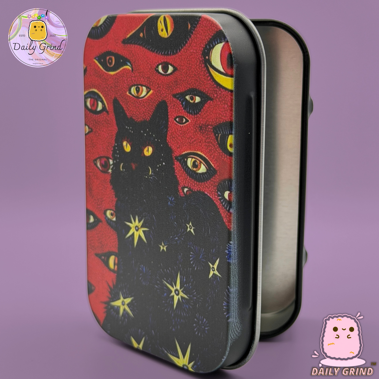 Spooky Black Cat Red - 1oz Metal Tin Funny Parody / Crystal / Jewellery / Coins / Bits & Pieces / Money / Make-Up 1oz Hinge Lid Metal Box Container - 9.5 x 6.2 x 2 cm - Witchy Gift