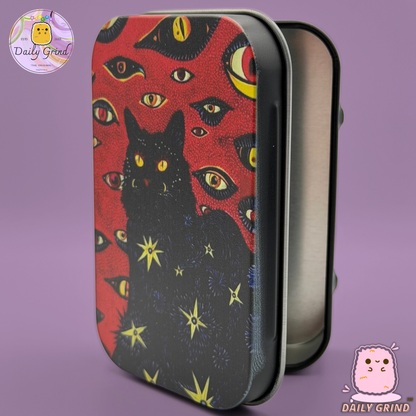 Spooky Black Cat Red - 1oz Metal Tin Funny Parody / Crystal / Jewellery / Coins / Bits & Pieces / Money / Make-Up 1oz Hinge Lid Metal Box Container - 9.5 x 6.2 x 2 cm - Witchy Gift