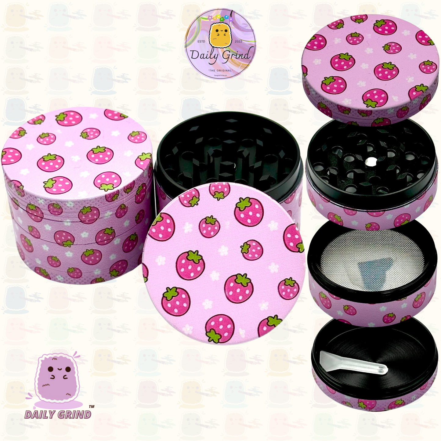 Kawaii Strawberries Cute Juicy Fruit - 50mm 4-Piece High Quality Custom Metal Tobacco Herb Grinder Gift Idea