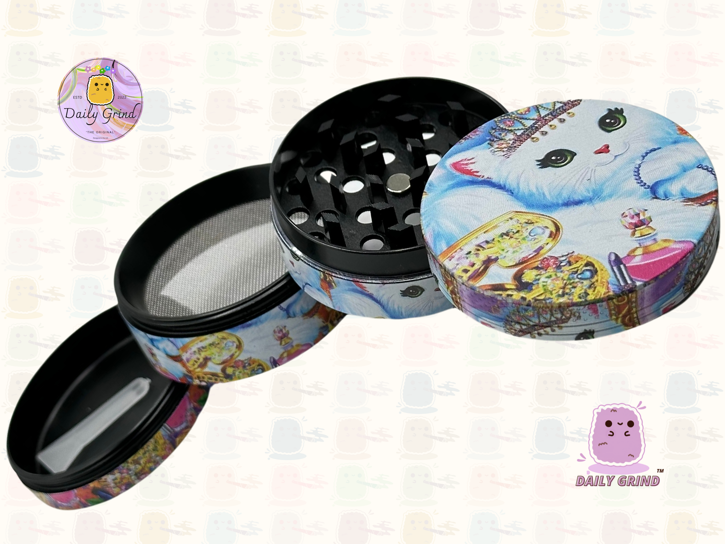 Chaton mignon entouré de bijoux style art rose – 50 mm, 4 pièces, broyeur d'herbes en métal de haute qualité, cadeau 