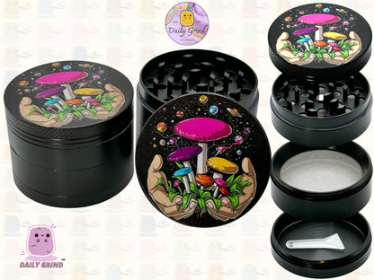 Setas forrajeras Hongos Manos Myco Design - 50 mm 4 piezas Regalo de molinillo de hierbas de metal personalizado de alta calidad 