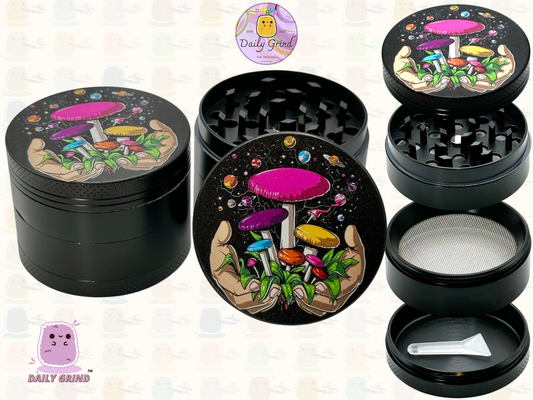 Champignons en quête de champignons mains Myco Design - 50mm 4 pièces de haute qualité personnalisé broyeur d'herbes en métal cadeau 