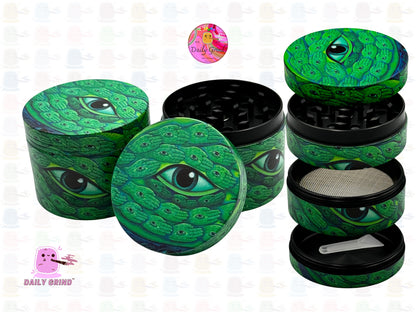 Green Snake Eyes Spiritual Hand Scales - 50mm Premium 4-Piece Custom Metal Kitchen Herb Grinder Gift Idea