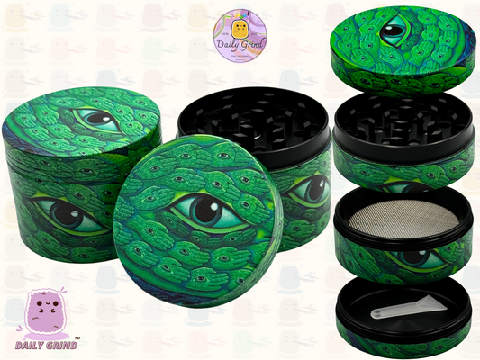 Green Feather Eye Hamsa Illusion - 50mm Premium 4-Piece Custom Metal Tobacco Herb Grinder Gift Idea