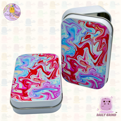 Metal líquido Pastel Tie Dye Colorido Rojo Azul 2oz Blanco Tabaco / Píldora / Baccy Stash Monedas Cristales Joyería Bisagra Tapa Lata Regalo