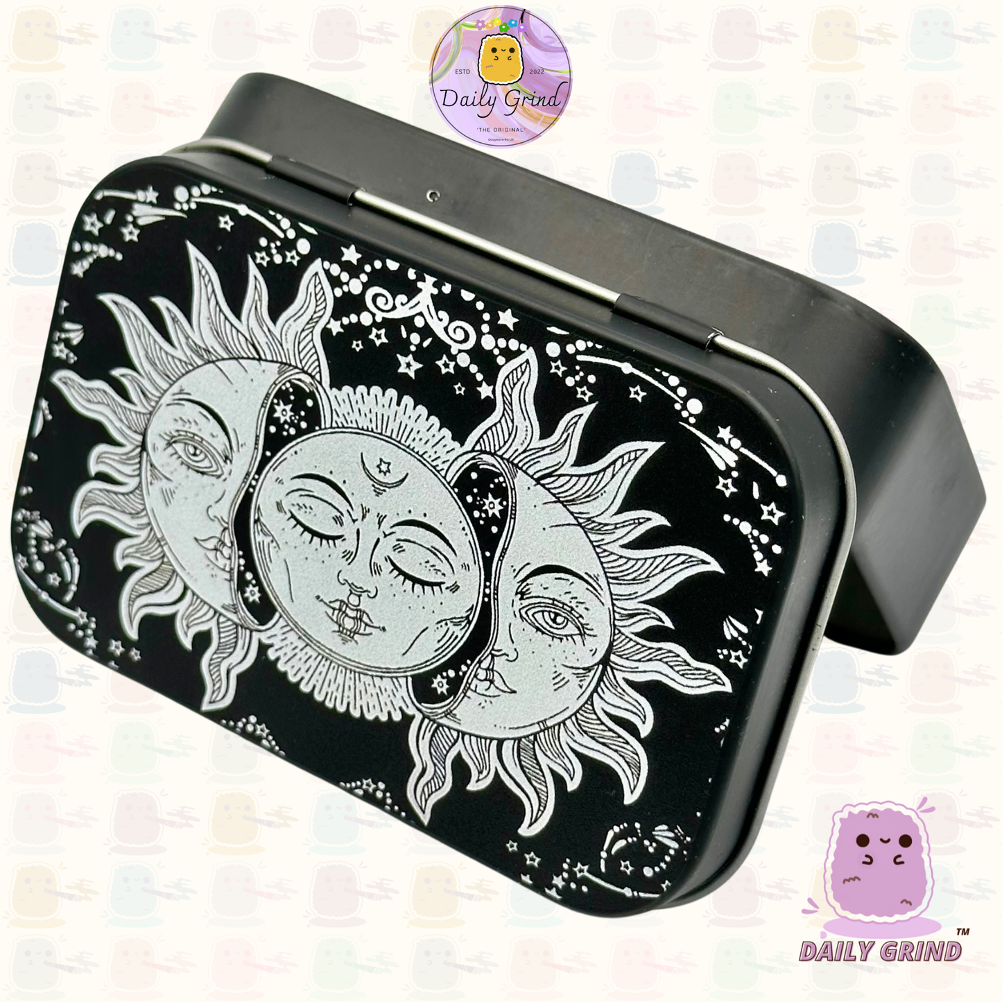 Sol + Luna Astrología Calmante Diseño Pacífico 2oz Pastilla de Tabaco Negro Baccy Stash Monedas Cristales Joyería Bisagra Tapa Lata Regalo