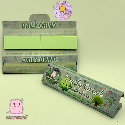 Daily Grind™ Green Kingsize Rolling Papers 33 Sheets + Tips - High Quality, Super Cute Gift!