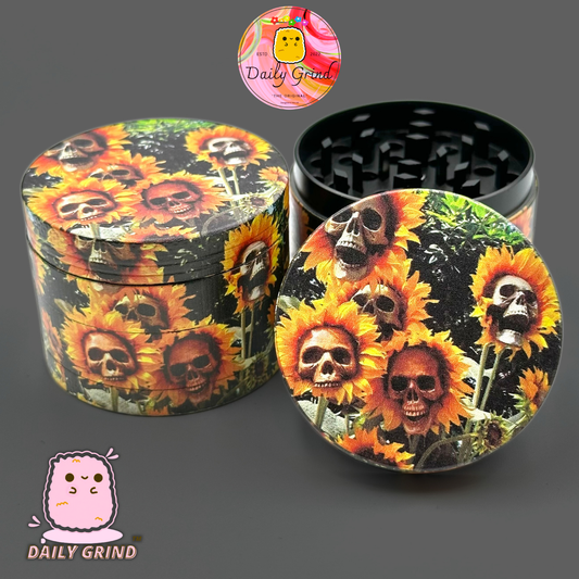 Sunflower Skull Flowers - 50mm 4-Piece Premium Custom Metal Tobacco Herb Grinder Cute Gift Idea