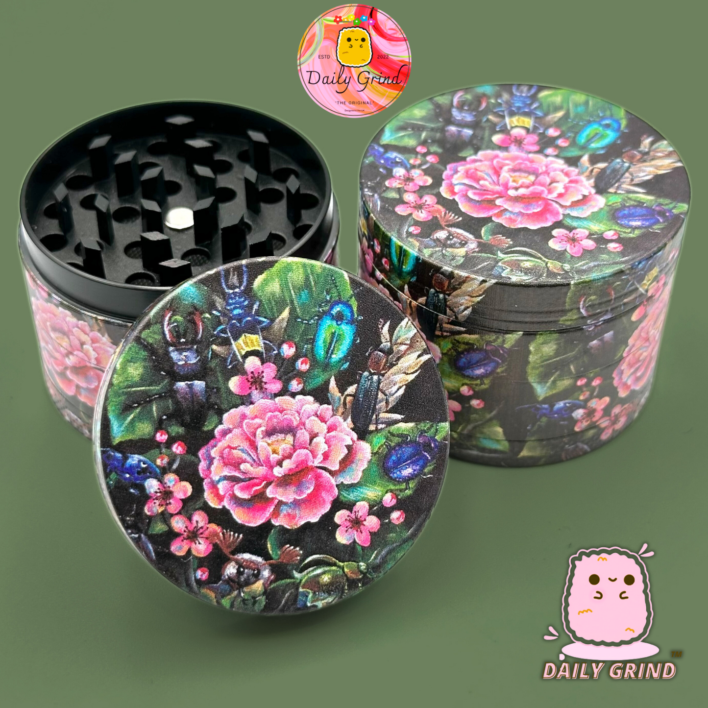 Cute Flowers and Rose - 50mm 4-Piece Premium Custom Metal Tobacco Herb Grinder Cute Gift Idea