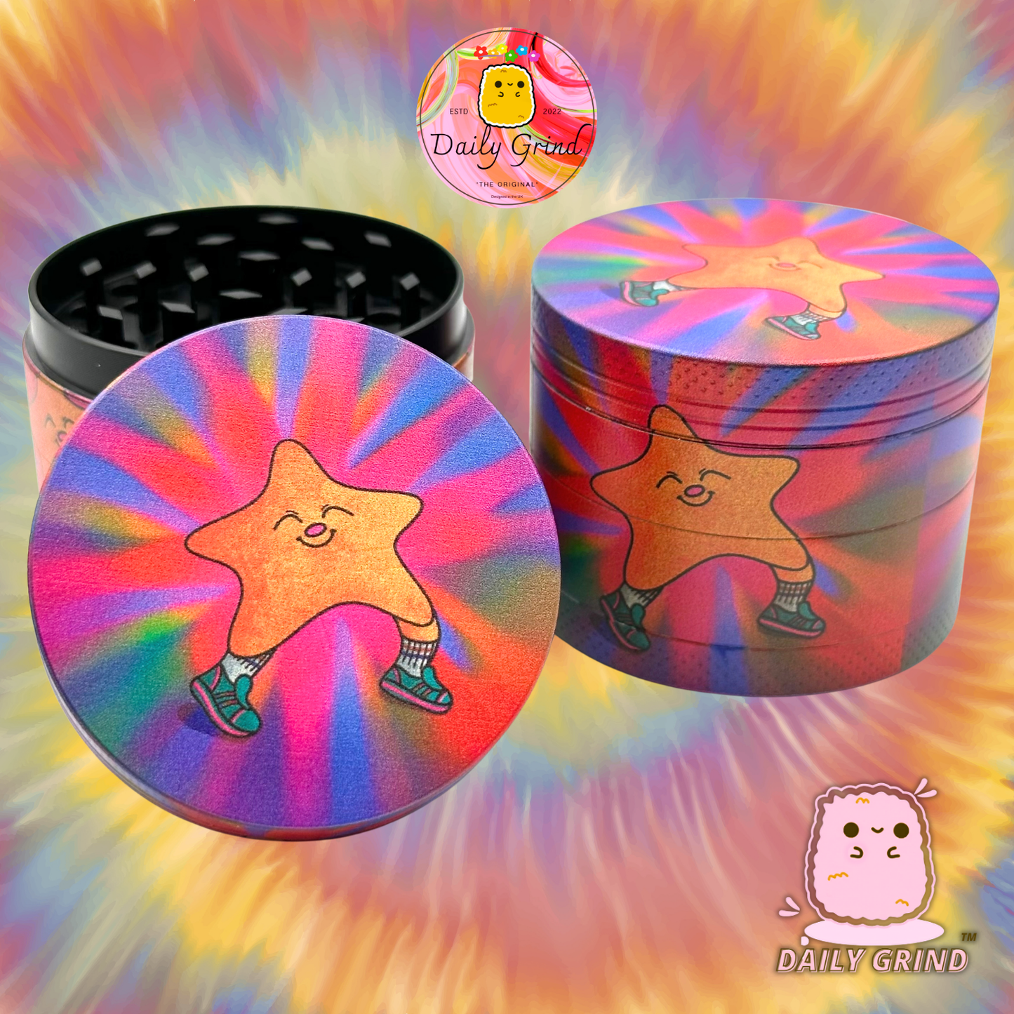 Happy Star Kawaii Tie Dye Cute - 50mm 4-Piece High Quality Custom Metal Tobacco Herb Grinder Gift Idea