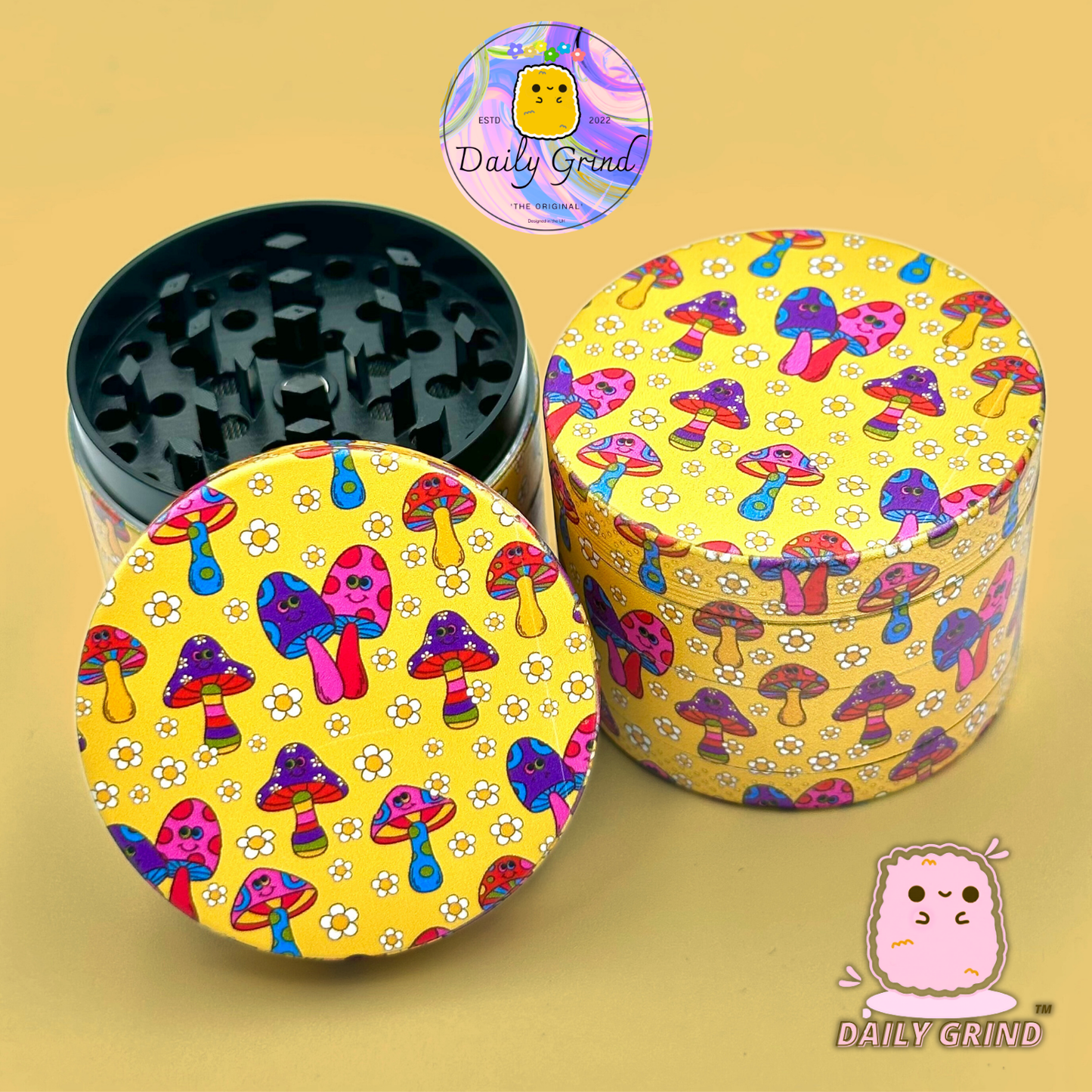 Mignons champignons amicaux fleurs heureuses jaune - 50mm 4 pièces de haute qualité personnalisé broyeur d'herbes en métal cadeau 