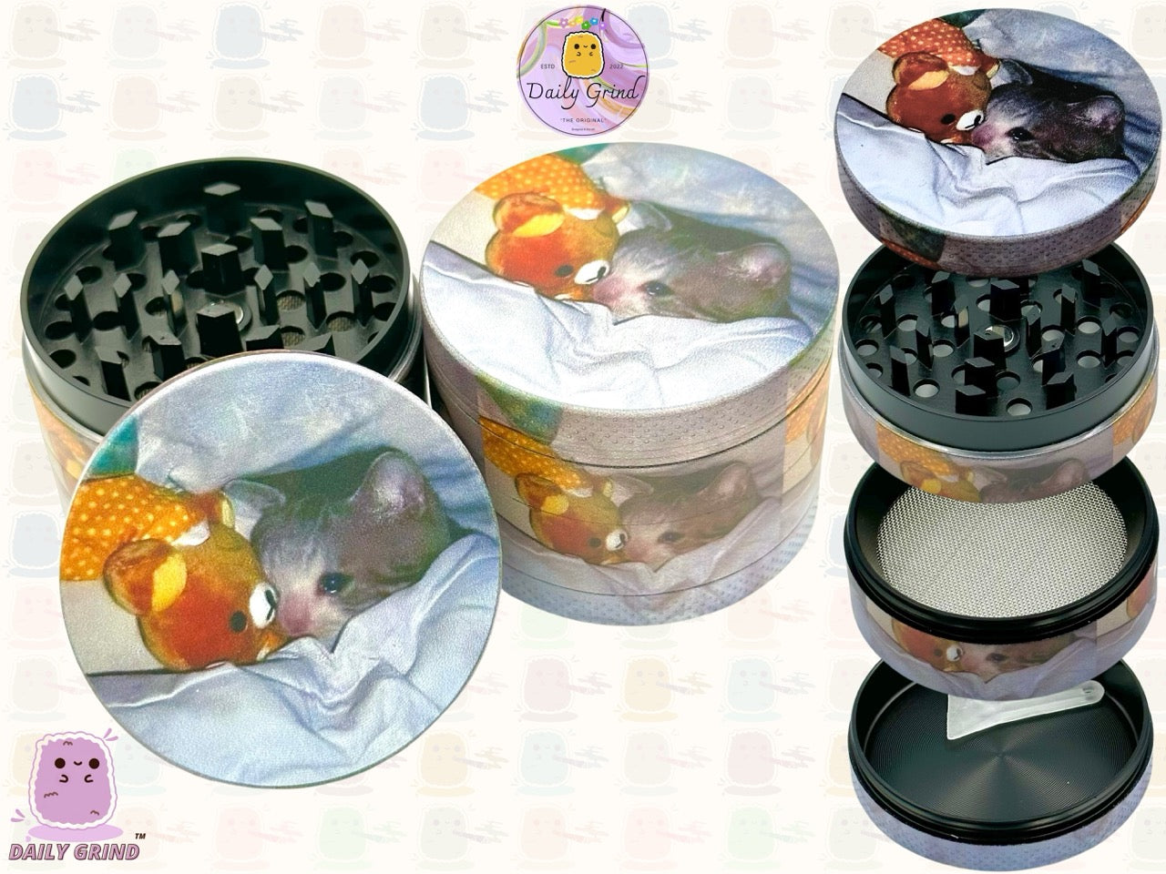 Sad Kitty Cuddle Teddy Cute Funny Kawaii - 50mm 4-Piece High Quality Custom Metal Tobacco Herb Grinder Gift Idea