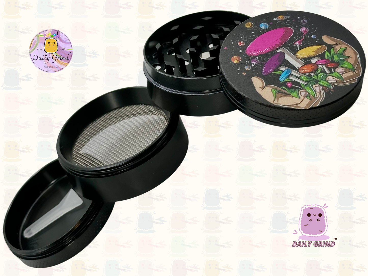 Setas forrajeras Hongos Manos Myco Design - 50 mm 4 piezas Regalo de molinillo de hierbas de metal personalizado de alta calidad 