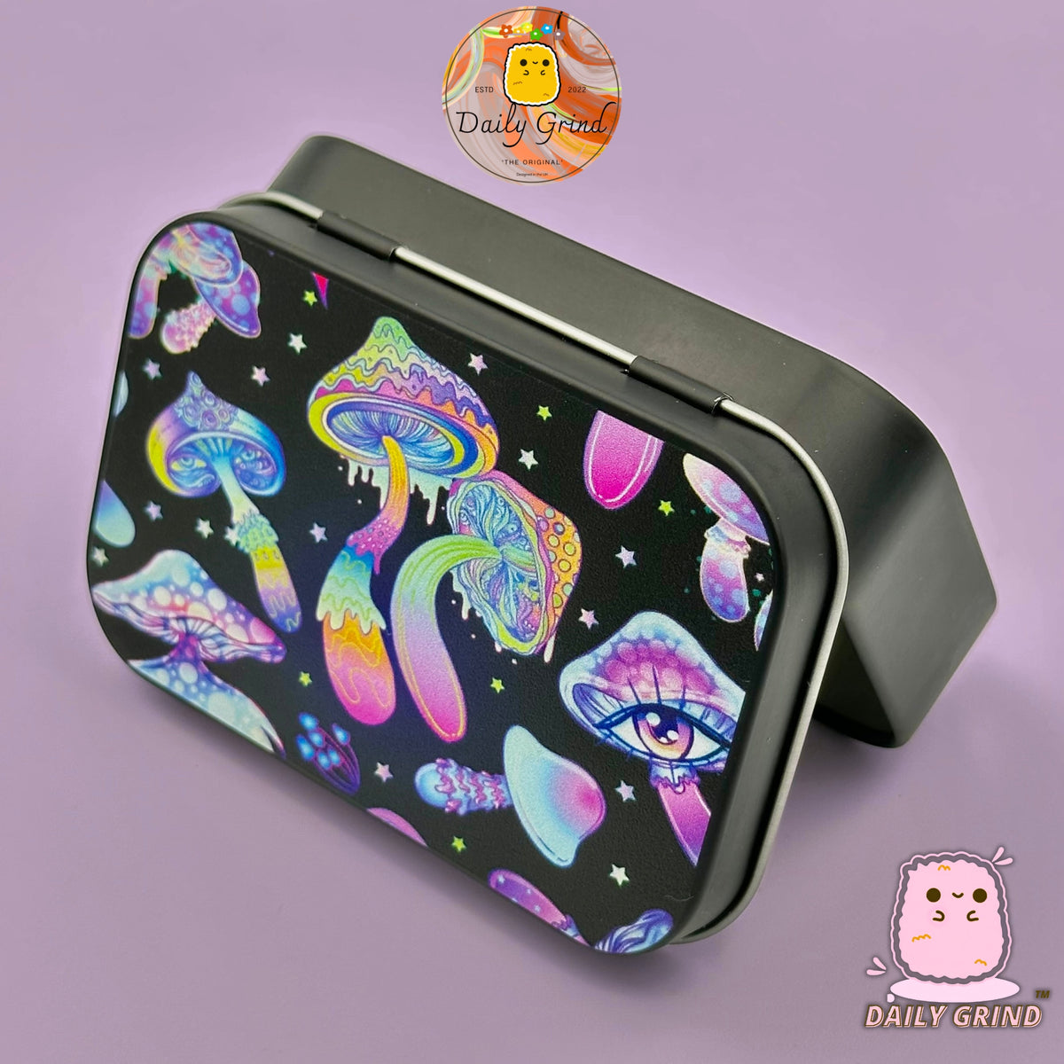 Dripping Colorful Trippy Mushrooms Florescent 2oz Tabac noir / Pilule / Baccy / Cachette / Pièces de monnaie / Cristaux / Bijoux Charnière Couvercle Étain Cadeau