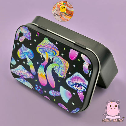 Dripping Colorful Trippy Mushrooms Florescent 2oz Tabac noir / Pilule / Baccy / Cachette / Pièces de monnaie / Cristaux / Bijoux Charnière Couvercle Étain Cadeau
