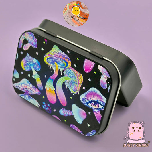 Goteando coloridos hongos trippy florescentes 2 oz tabaco negro / píldora / bacy / alijo / monedas / cristales / joyería bisagra tapa lata regalo