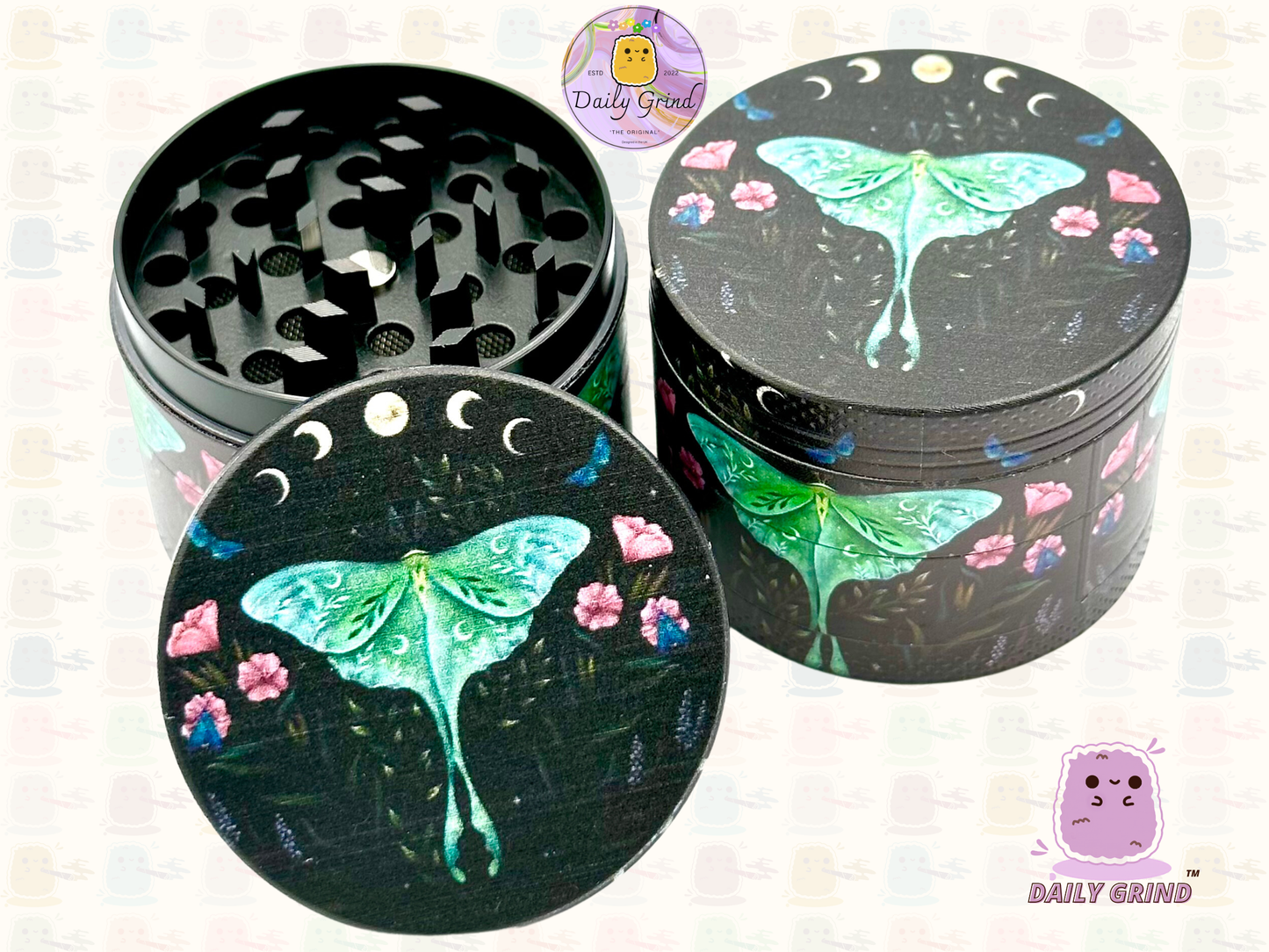 Lunar Moon Cycle Moth Dark Night - 50mm 4-Piece High Quality Metal Tobacco Herb Grinder Gift Idea