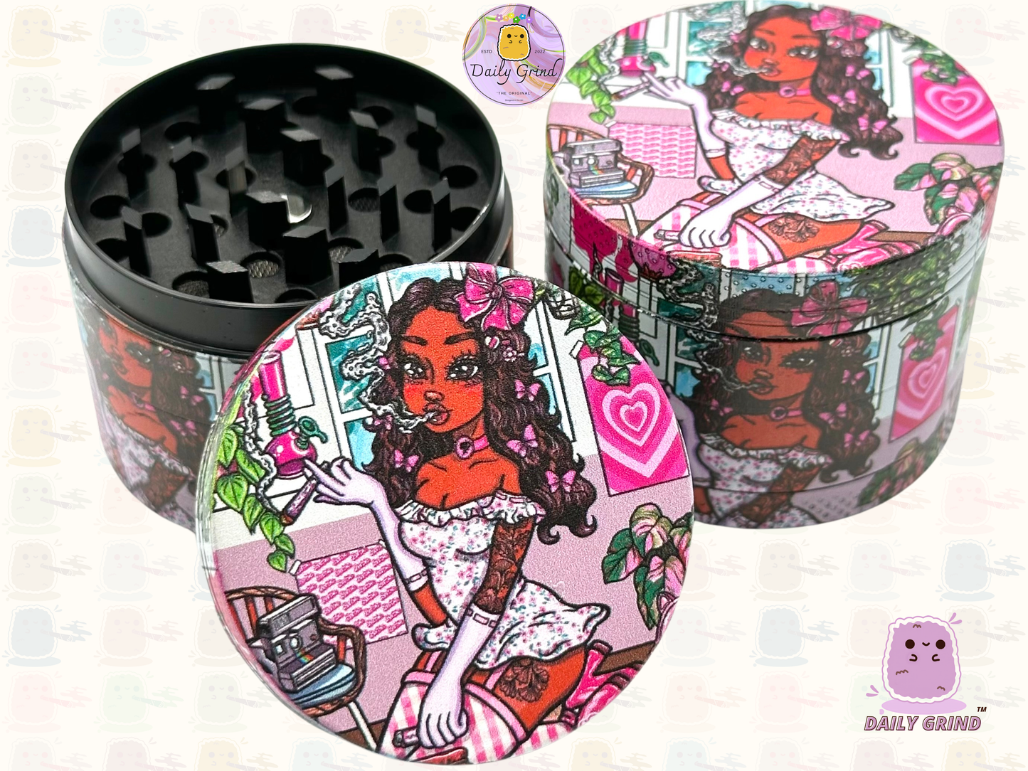 Cute Stoner Girl Pink - 50mm 4-Piece Premium Custom Metal Tobacco Herb Grinder Cute Gift Idea