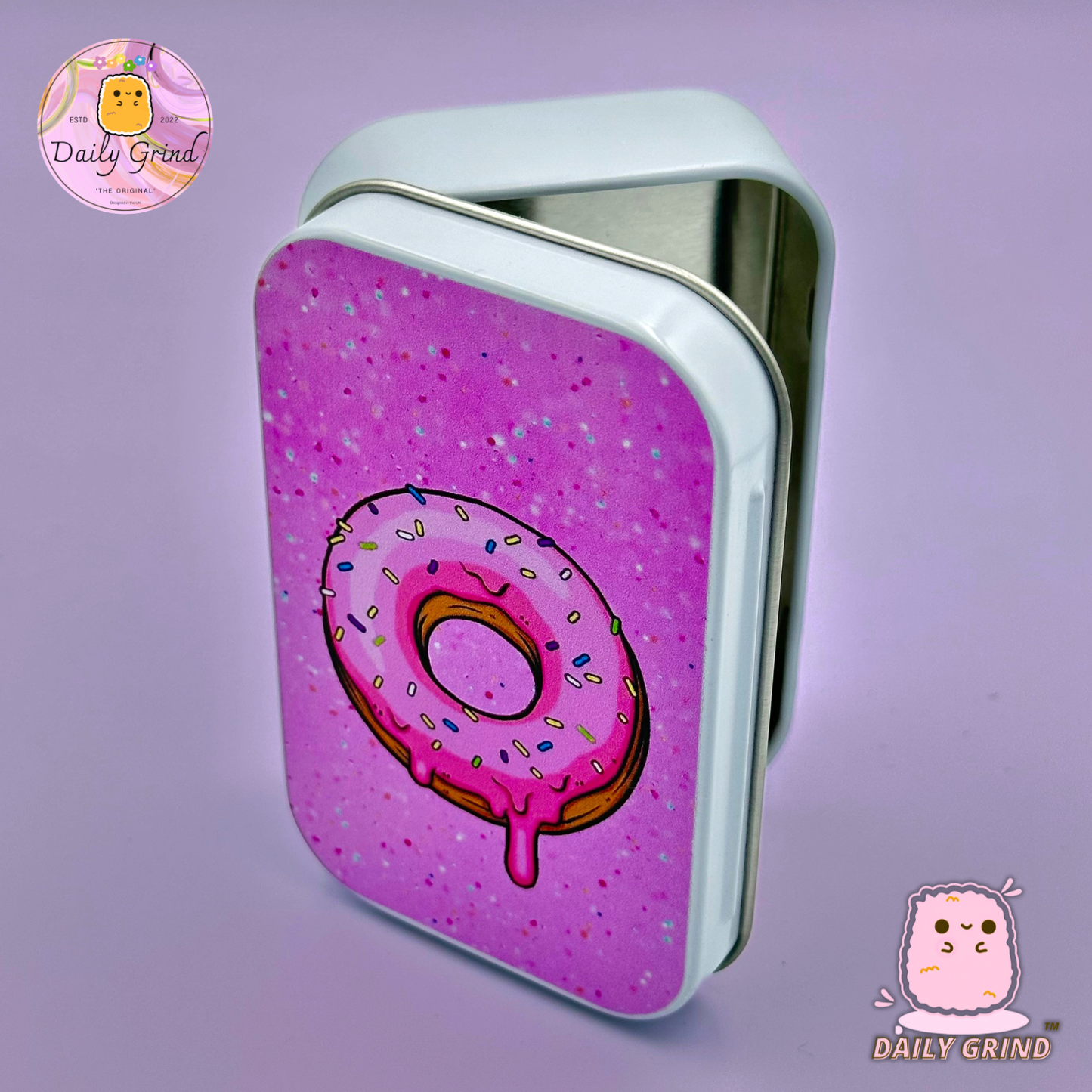 Pink Frosted Doughnut with Sprinkles Cute Design 1oz White / Crystal / Jewellery / Coins / Bits & Pieces / Hide / Money / Make-Up 1oz Black Hinge Lid Tin Box Gift - 9.5 x 6.2 x 2 cm - Cute Funny Metal Organiser Gift Idea