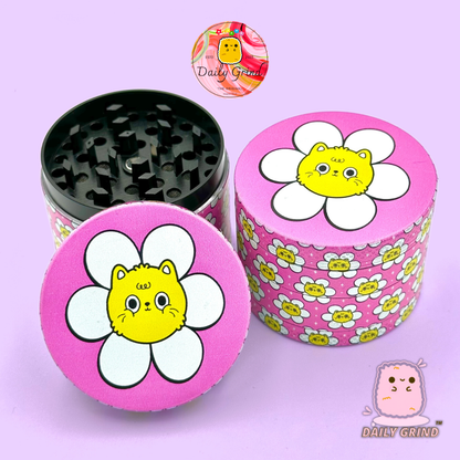 Chat mignon dans une fleur Kawaii Pink Daisy Design - 50mm 4 pièces de haute qualité personnalisé en métal broyeur d'herbes cadeau 