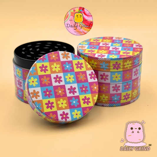 Cute Floral Check Board Pastel Colours - 50mm 4-Piece High Quality Custom Metal Tobacco Herb Grinder Gift Idea