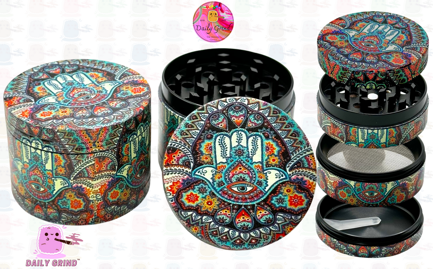 Hand of Protection Hamsa Tattoo - 50mm 4-Piece High Quality Custom Metal Kitchen Herb Grinder Gift Idea