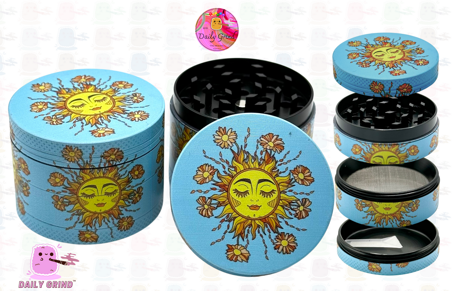 Cute Sun and Flower Happy Sunflower Calm Energy - 50mm 4-Piece High Quality Metal Kitchen Herb Grinder Gift Idea