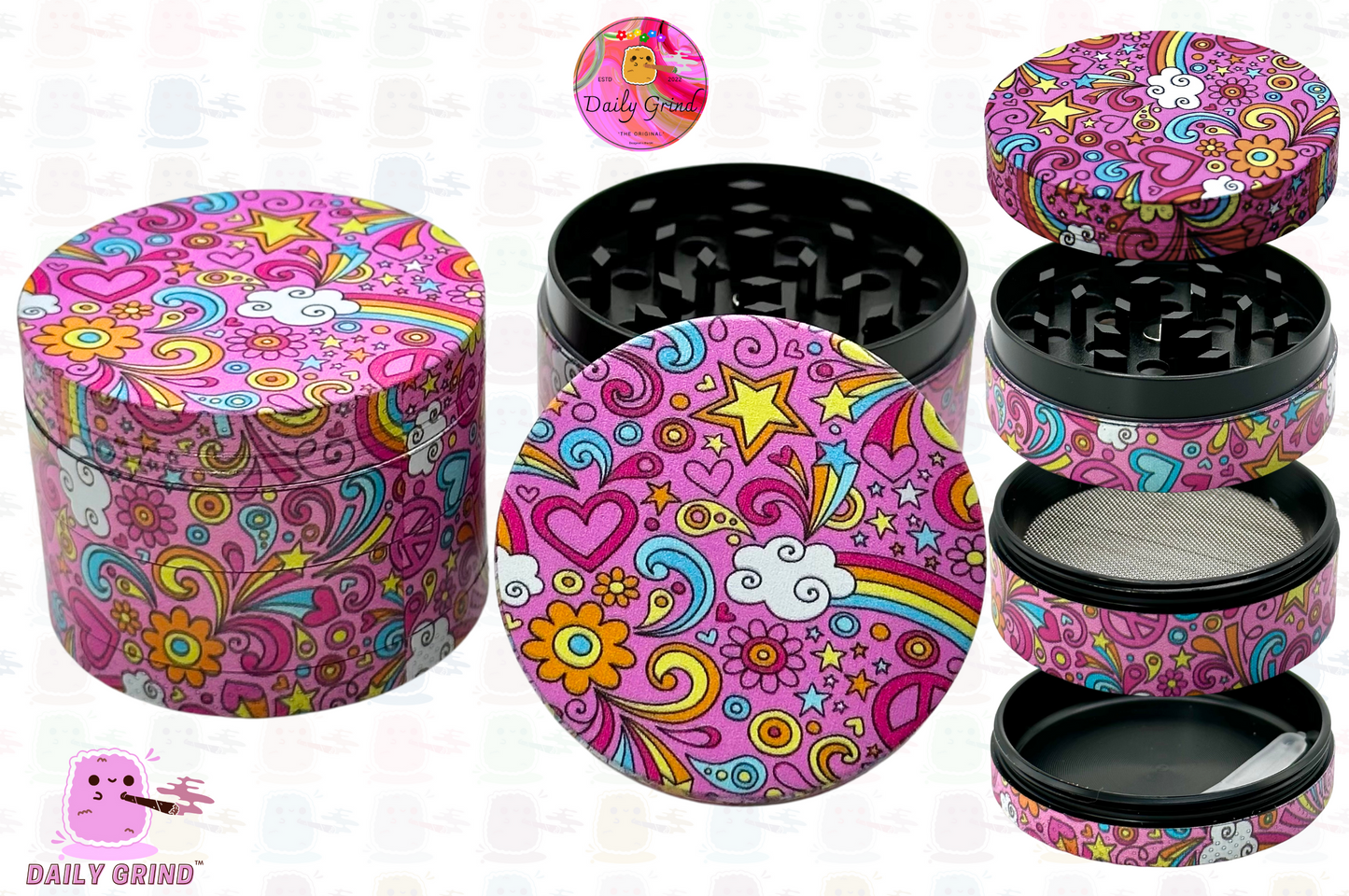 Lovely Pink Girls Cute Hearts Stars Flowers Rainbow Design - 50mm 4-Piece High Quality Custom Metal Kitchen Herb Grinder Gift Idea