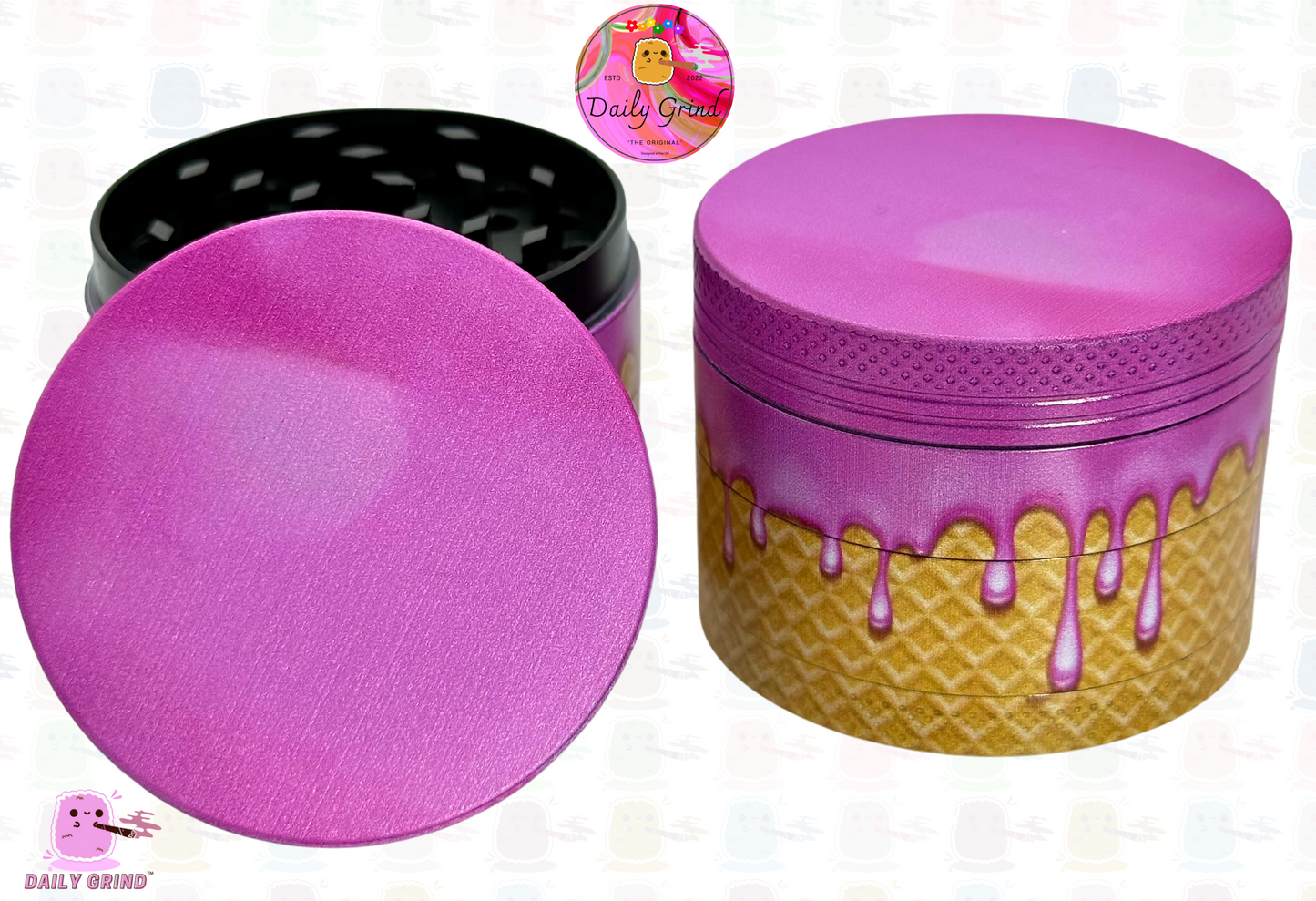 Cherry Bubblegum Ice Cream Cone Cute Pink Design - 50mm 4-Piece High Quality Custom Metal Kitchen Herb Grinder Gift Idea