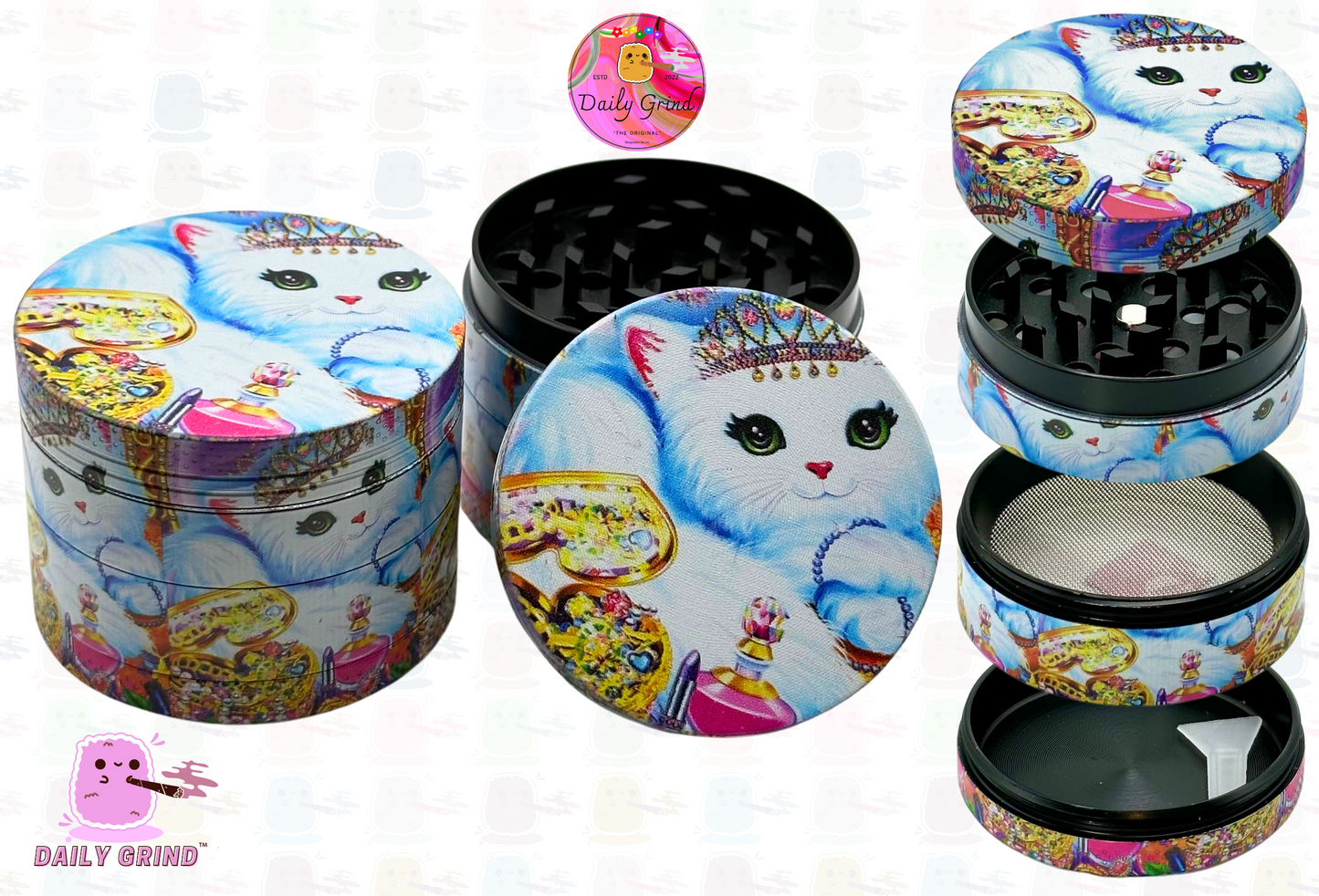 Cute Kitten Surrounded by Jewellery Pink Art Style - 50mm 4-Piece High Quality Metal Kitchen Herb Grinder Gift Idea