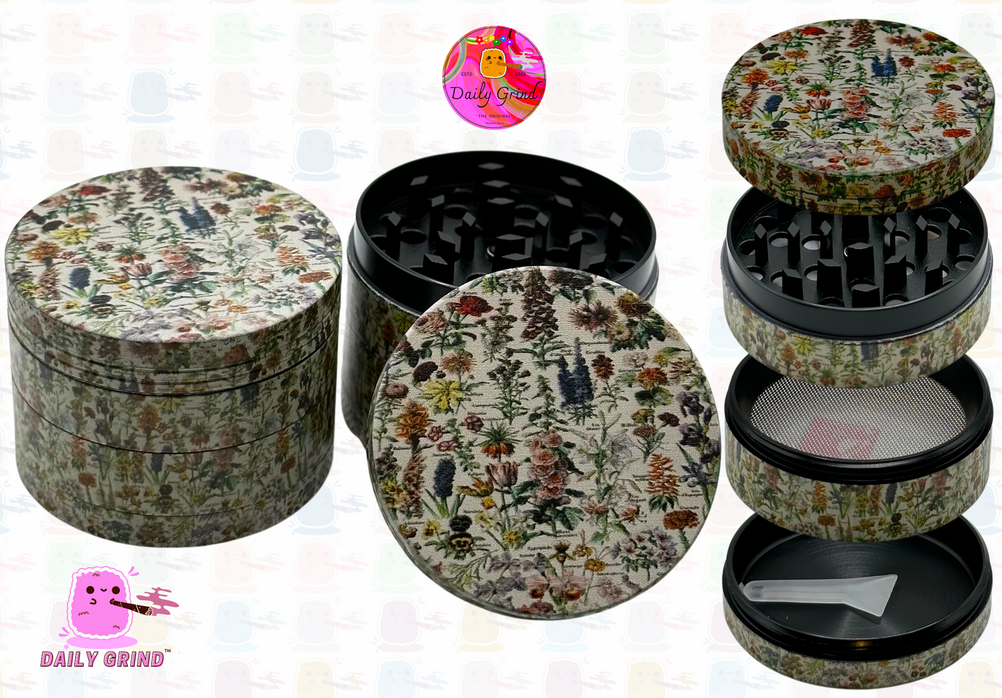 Vintage Botanical Flowers and Fauna Chart Design - 50mm 4-Piece High Quality Custom Metal Kitchen  Herb Grinder Gift