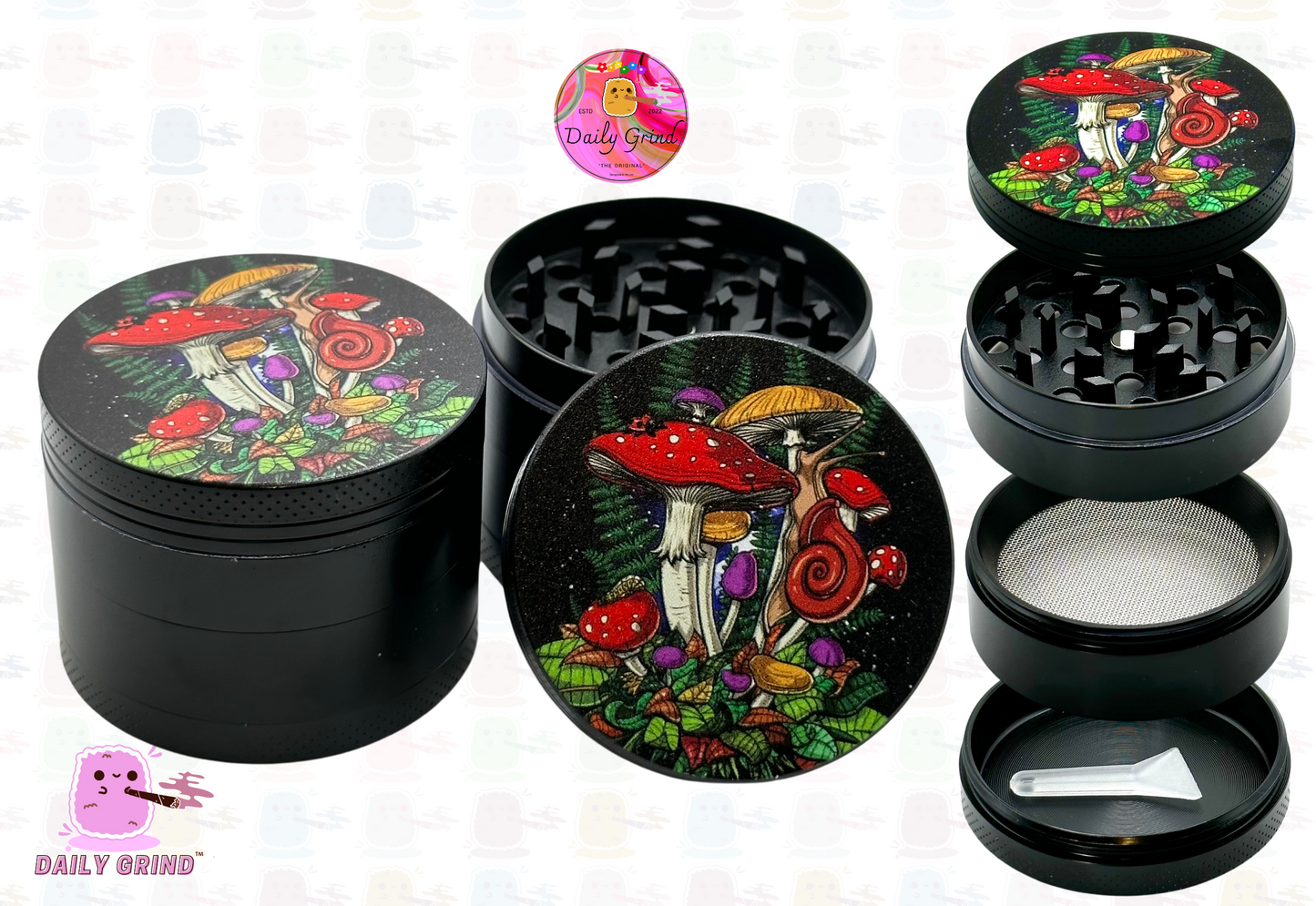 Cute Cartoon Mushrooms Varieties and Fern - 50mm 4-Piece High Quality Metal Kitchen Herb Grinder Gift Idea