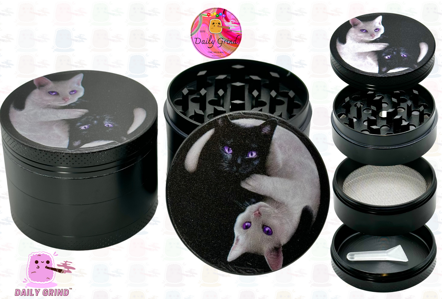 Kitty Yin Yang Cute Cat - 50mm 4-Piece High Quality Custom Metal Kitchen Herb Grinder Gift Idea