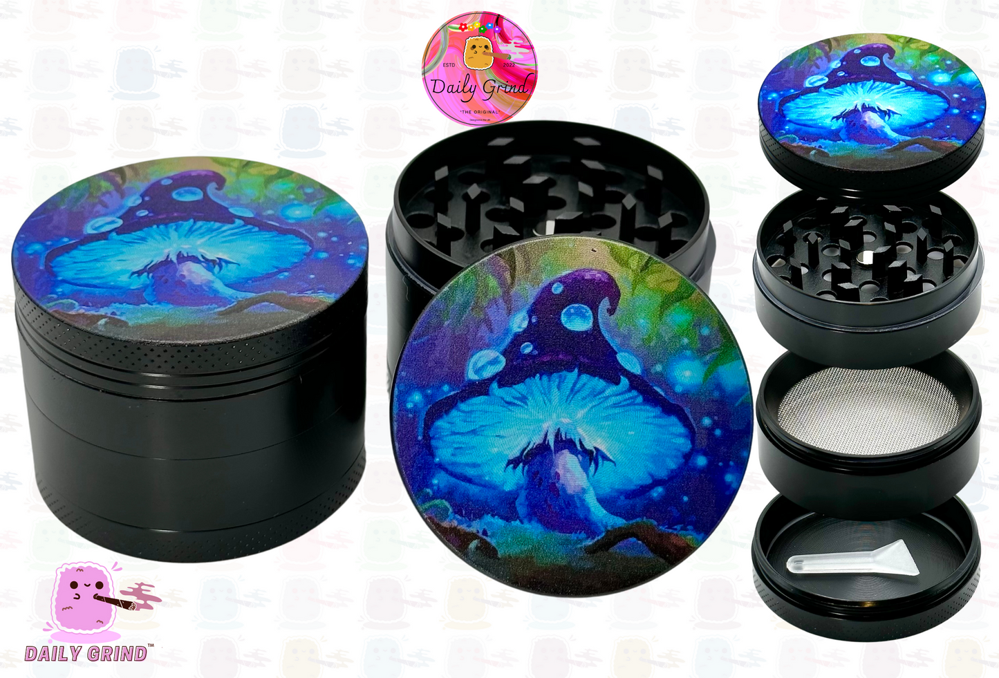 Glowing Mushroom Neon - 50mm 4-Piece High Quality Custom Metal Kitchen Herb Grinder Gift Idea