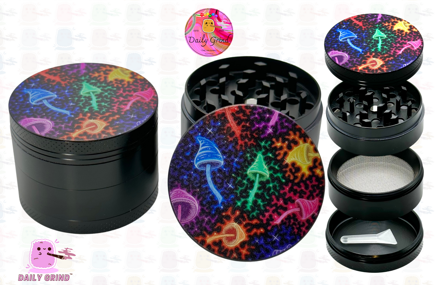 Glow Mushrooms Colourfully Glowing In The Dark - 50mm 4-Piece High Quality Metal Kitchen Herb Grinder Gift Idea