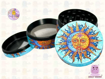 Sun & Moon Spiritual Blue - 50mm 4-Piece High Quality Custom Metal Tobacco Herb Grinder Gift Idea
