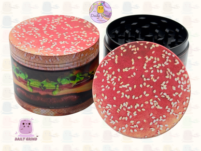 Cheeseburger in a Sesame Seed Bun - 50mm Premium 4-Piece Custom Metal Tobacco Herb Grinder Gift Idea