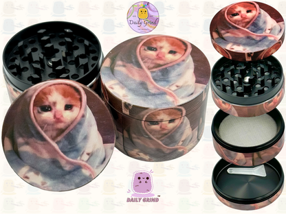 Sad Kitty Wrapped in Blanket Cute Funny Kawaii - 50mm 4-Piece High Quality Custom Metal Tobacco Herb Grinder Gift Idea