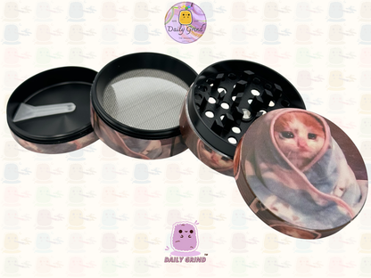 Sad Kitty Wrapped in Blanket Cute Funny Kawaii - 50mm 4-Piece High Quality Custom Metal Tobacco Herb Grinder Gift Idea