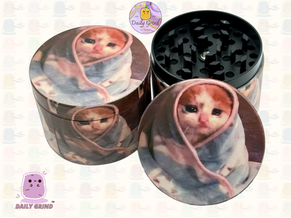 Sad Kitty Wrapped in Blanket Cute Funny Kawaii - 50mm 4-Piece High Quality Custom Metal Tobacco Herb Grinder Gift Idea