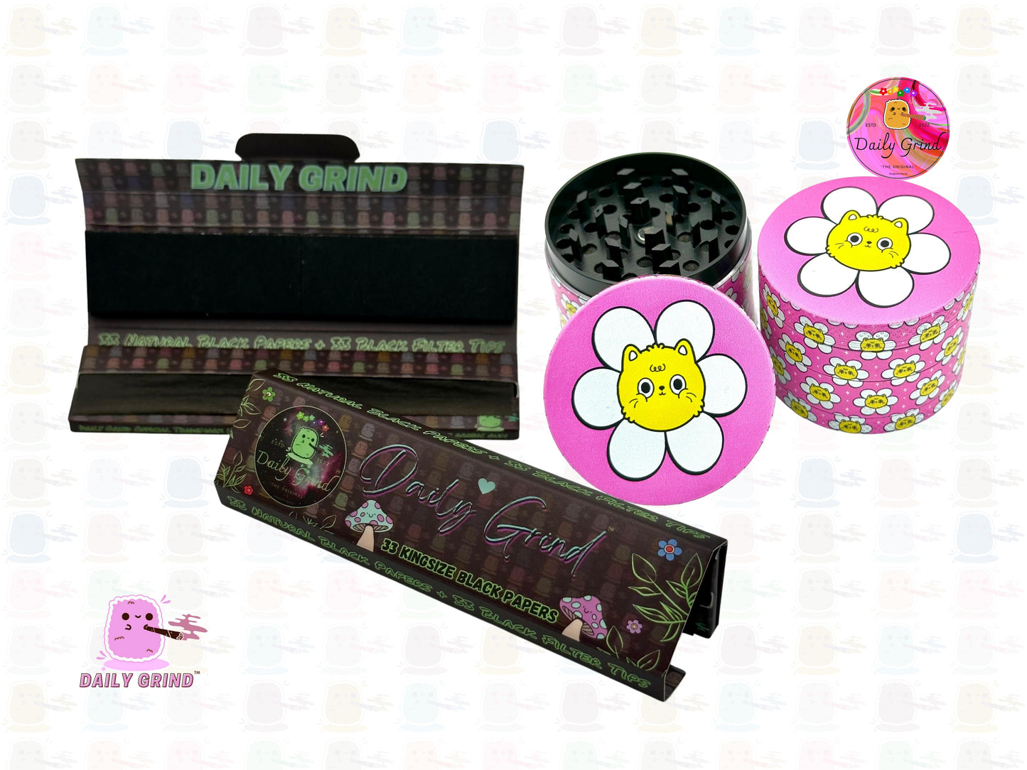 Cute Cat in a Flower Kawaii Pink Daisy Design - 50mm 4-Piece High Quality Custom Metal Kitchen Herb Grinder Gift Idea