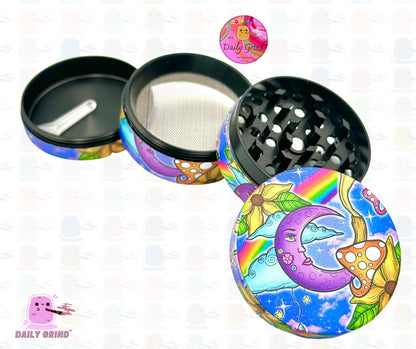 Colourful Trippy Moon Mushroom Rainbow Trippy - 50mm 4-Piece High Quality Custom Metal Kitchen Herb Grinder Gift Idea