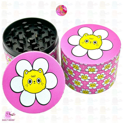 Cute Cat in a Flower Kawaii Pink Daisy Design - 50mm 4-Piece High Quality Custom Metal Kitchen Herb Grinder Gift Idea