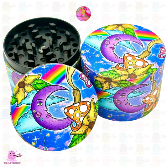 Colourful Trippy Moon Mushroom Rainbow Trippy - 50mm 4-Piece High Quality Custom Metal Kitchen Herb Grinder Gift Idea